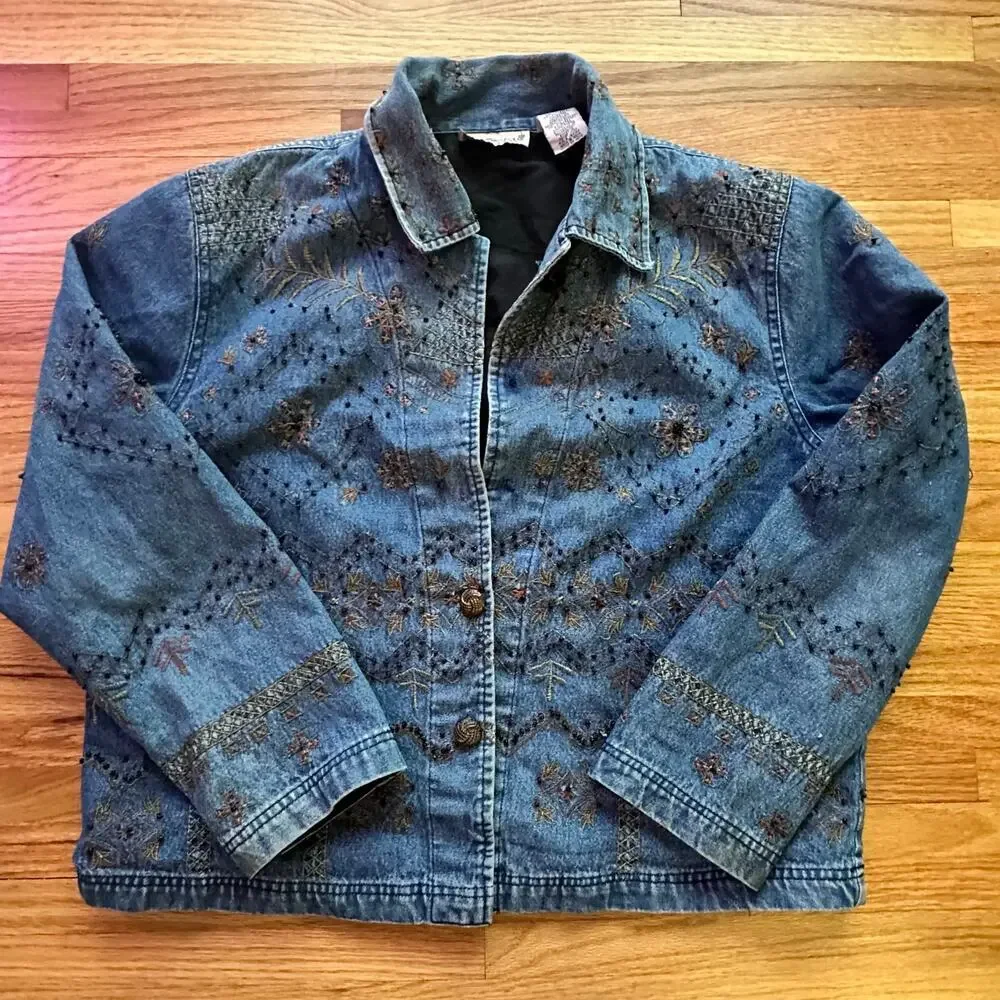 NEW DIRECTIONS x Unique Womens Embroidered & Beaded Denim Jacket. l Size Large - Picture 2 of 8